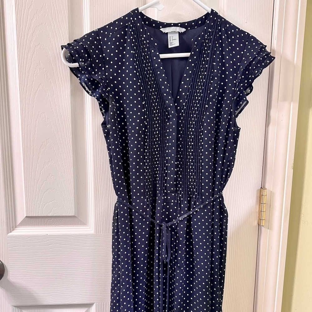 H&M Dark Blue Dress with White polka Dots pattern